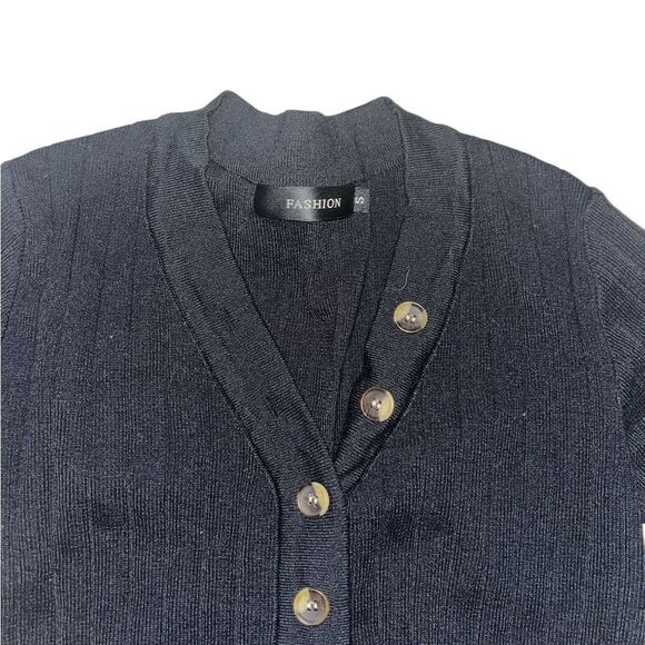 Black Ribbed Long Sleeve Top with Button Detail - Picture 3 of 3
